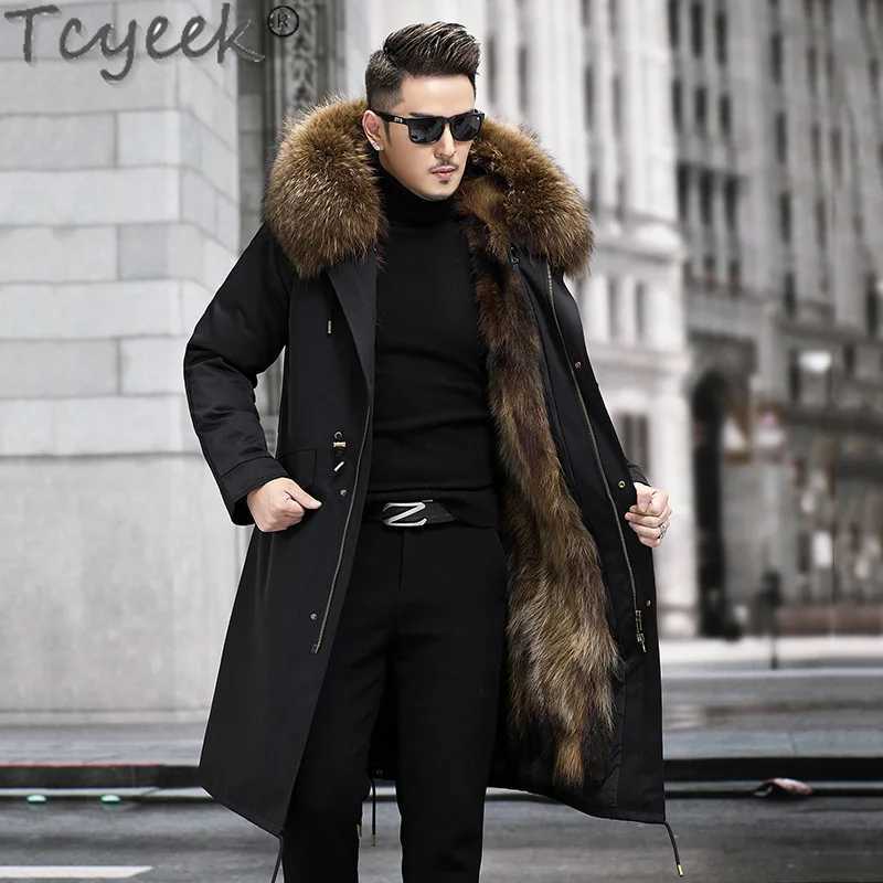 Tcyeek medium long fur leather jacket for mens warm and detachable fox fur lining Parka fashion winter mens clothing raccoon fur collar 2023 W241213