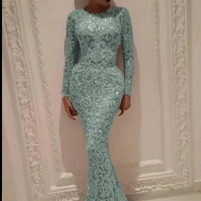 Spring New Womens Hot Stamped Long Sleeve Slimming Long Dress Evening Dress for Women