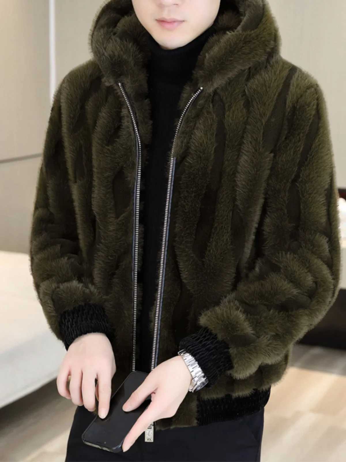 2024 Winter Men New Faux Fur Hooded Coats Mens Korean Thick Warm Short Jackets Male Solid Color Imitation Fur Outerwear G62 W241213