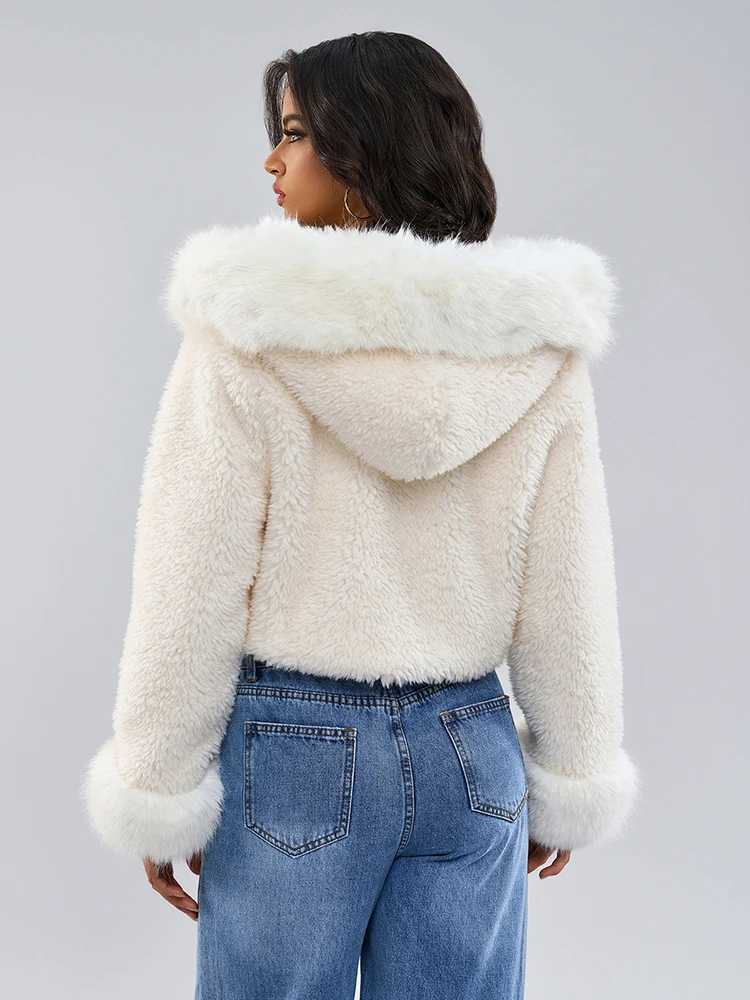 DEAT Fashion Womens faux fur coat hooded long Slves white imitation mink thick short jacket 2024 winter trendy 7AB5115 X241214
