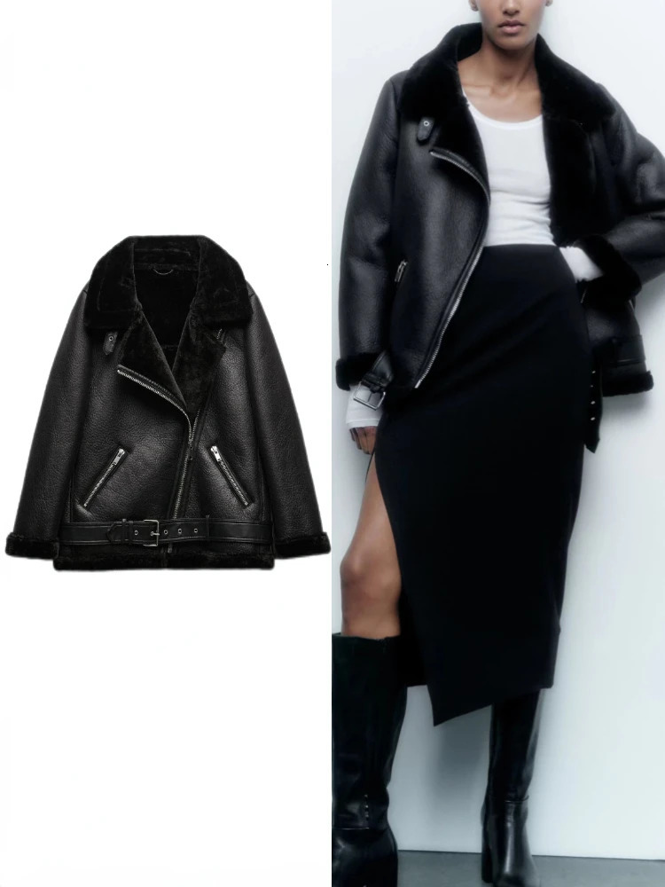 ZBZA Womens Autumn/Winter Fur Integrated Jacket with Artificial Leather Long Sleeve Collar Pads for Warmth and Fashion Womens Wear 241210