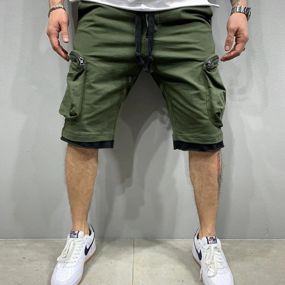 Mens summer cargo shorts cotton exercise shorts breathable jogging training gym fitness multi pocket yellow shorts 241210