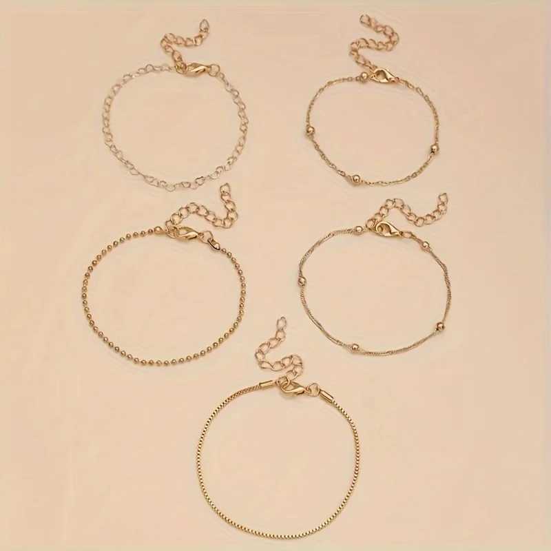 5 Pcs Set Of Tiny Golden Chain Design Bracelet Zinc Alloy Jewelry Elegant Leisure Style For Women Daily Stackable Hand ChainXJ241214