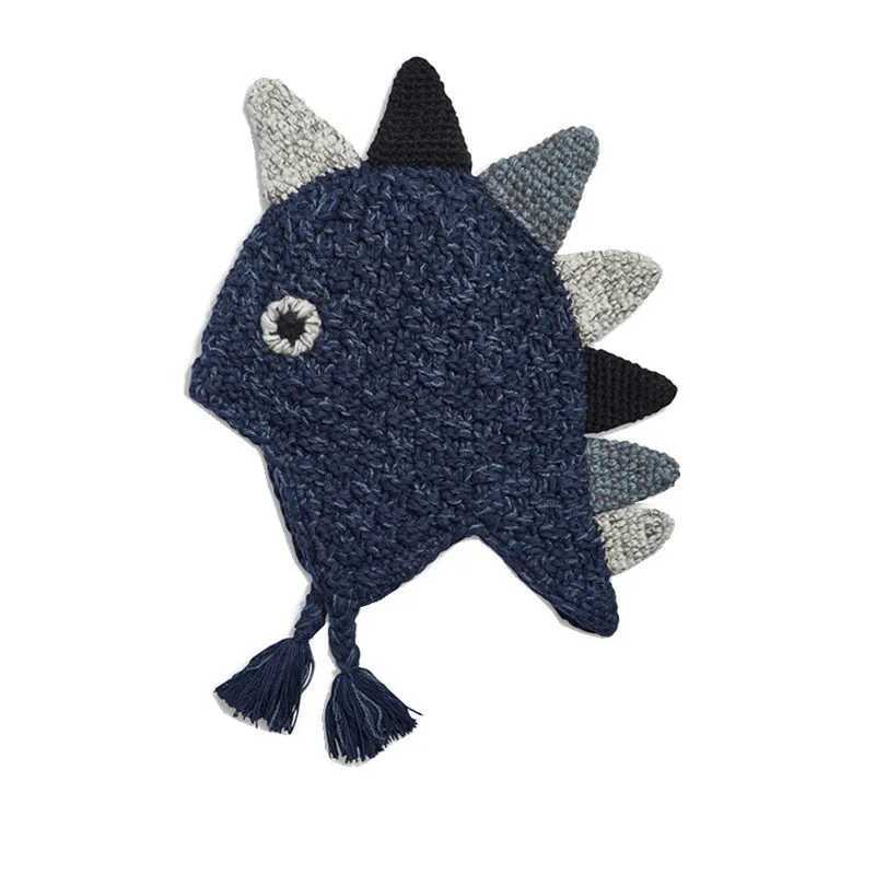 New Winter Double-Layer Cute Dinosaur Knitted Woolen Hat with Ear Covers for Boys and Girls Babies W241213
