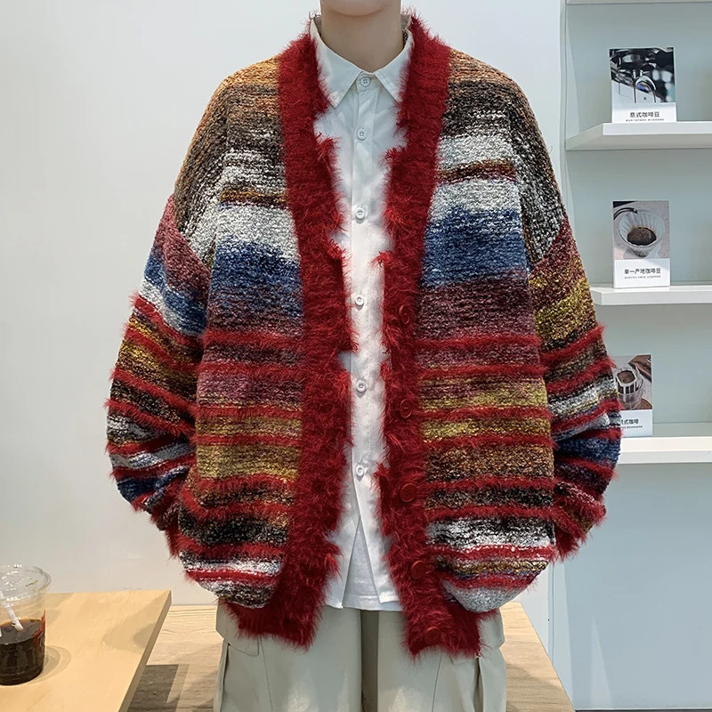 Autumn Japanese Loose Oversize Cardigan Sweater Male Korean Fashion Casual Contrast Color Mens Knit Winter Coats G106 241209