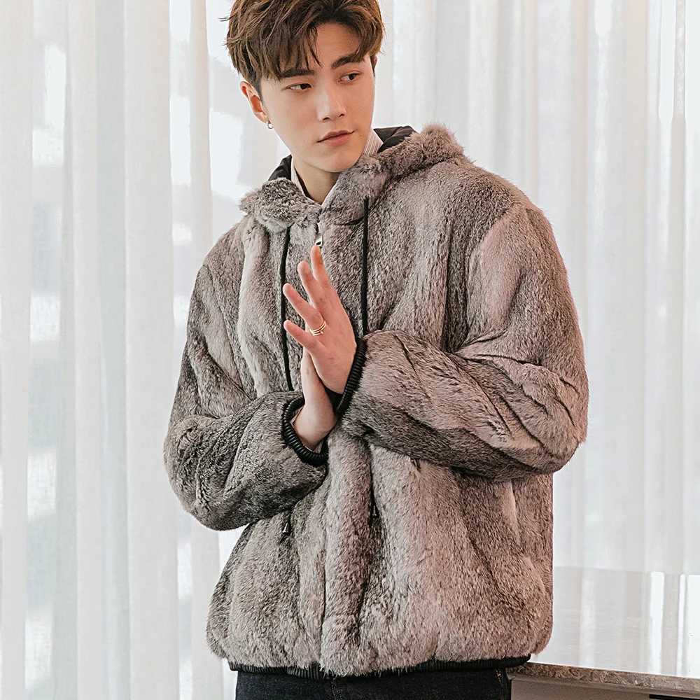 2022 Winter Mens Fur Coat Genuine Rabbit Fur Full Leather Coat with Fashion Hat Genuine Rabbit Fur Leather Jacket W241213