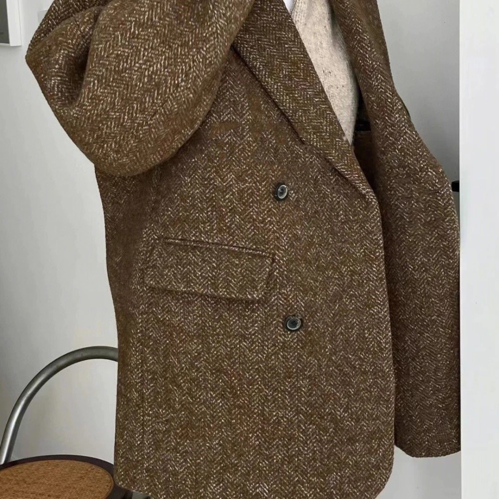 Womens Blazer Wool Blend Trench Woolen Pocket Jacket Fashion V Neck Long Sleeve Coat Female Fall Winter Chic Office Streetwear 241209