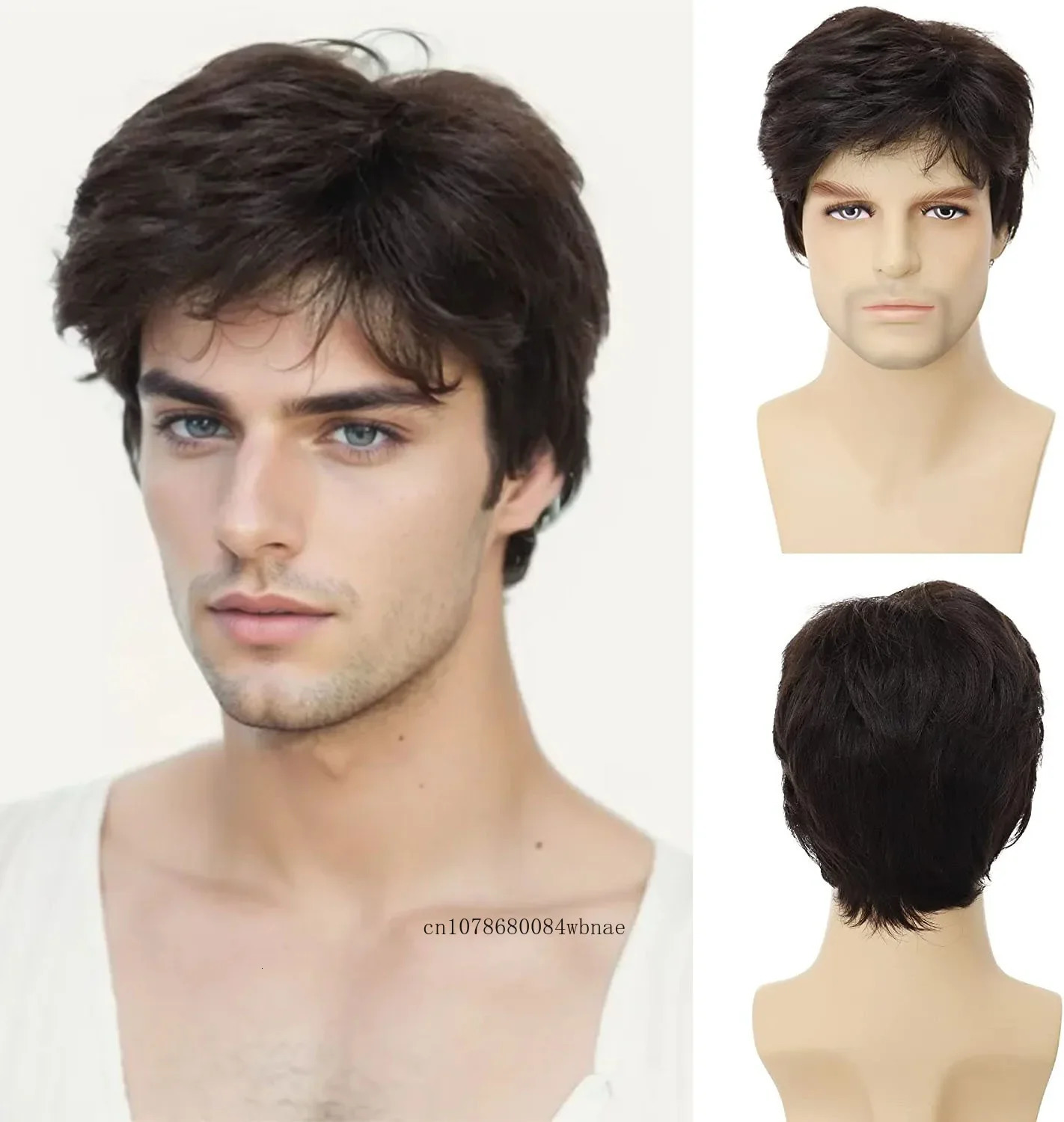 Mens Wig with Bangs Synthetic Hair Short Layered Wigs Natural Brown Handsome Male Wig Fathe Gifts Daily Party Use Heat Resistant 241213
