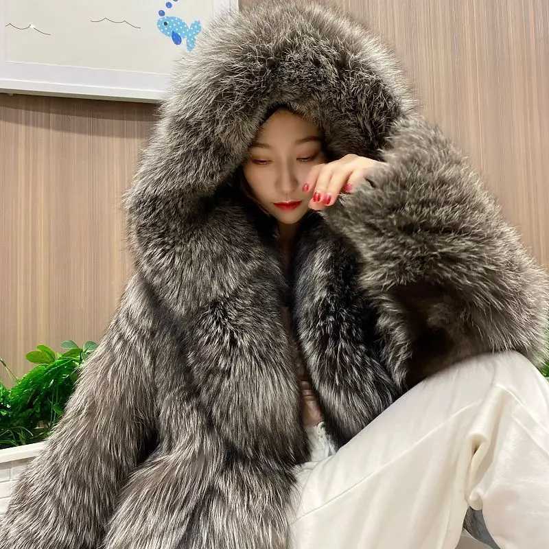 Womens fur coat imitates fox fur windproof cover long jacket for winter warmth and leisure W241213