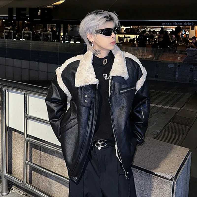 IEFB High Street Mens Jacket PU Leather Cashmere Patch Work Collar Thick Loose Street Clothing Mens Coat New 9C8333 W241213