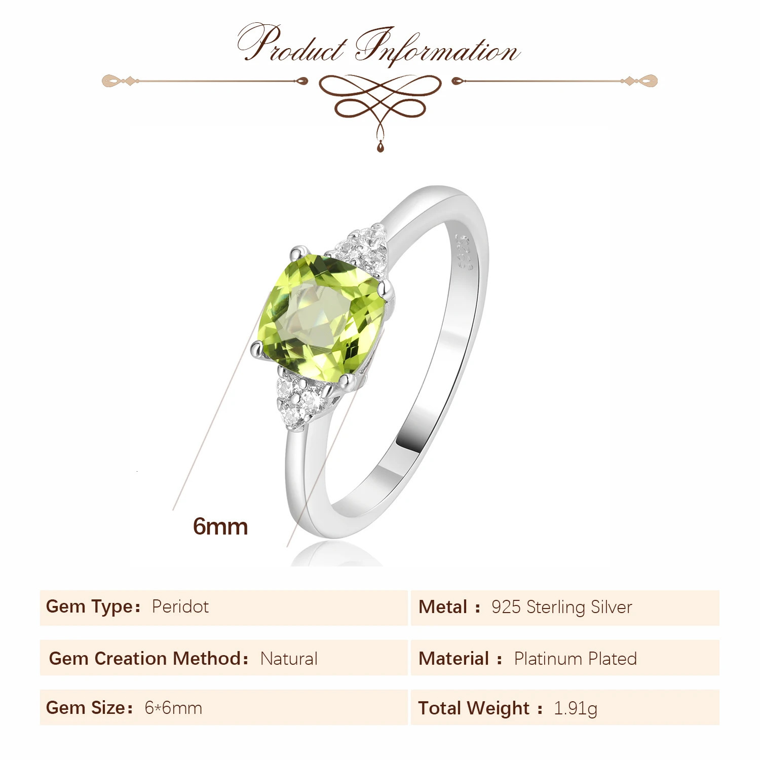 Potiy 1.1ct Genuine Natural Peridot 925 Sterling Silver Solitaire Ring for Woman Fashion Gemstone Fine Jewelry Wedding 241214