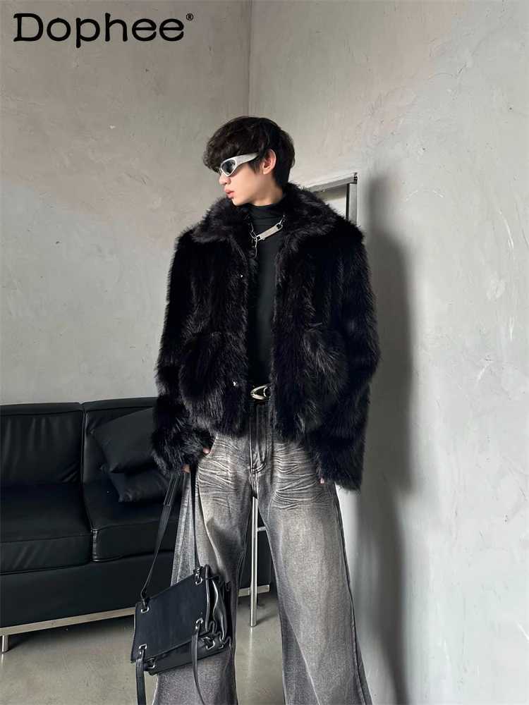 Fashionable mink short jacket loose high-end retro faux fur mens 2024 autumn new item vertical collar black long sleeved fashionable jacket top W24121