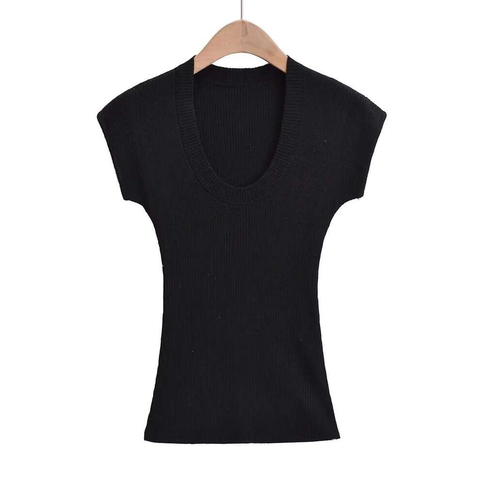 American INS summer U-neck solid color thin short sleeved top, women's stretch slim fit and slimming knit T-shirt, 2024 new casual fashion trend 