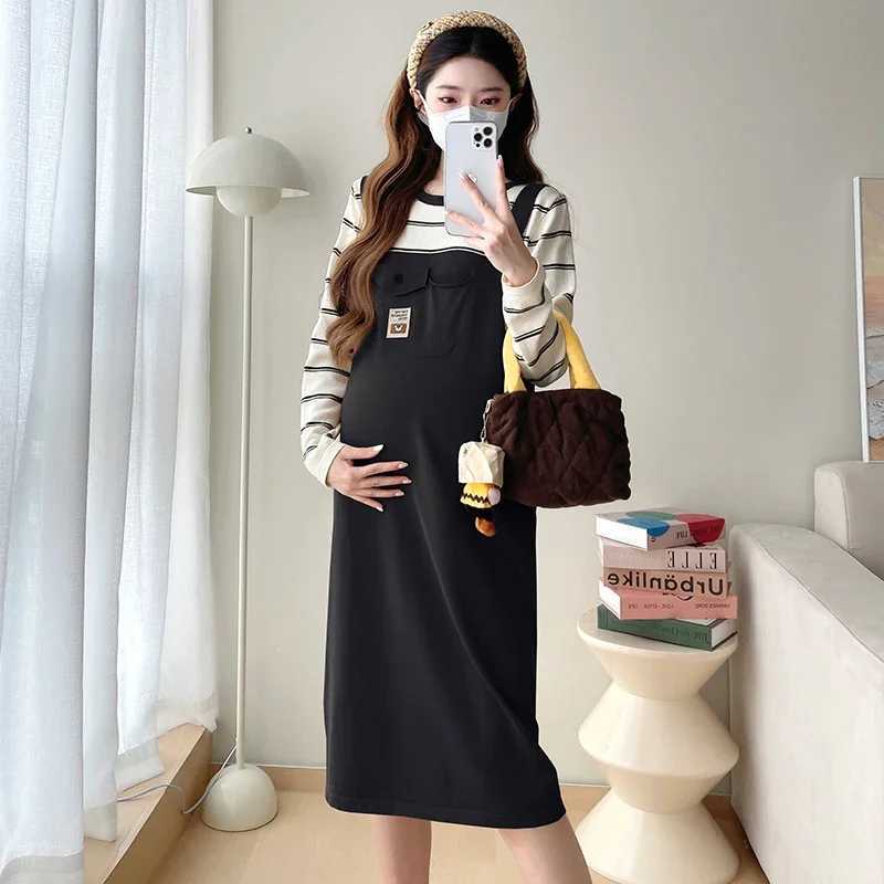 Korean Sle Materni Autumn Clothes Long Sleeve Striped Patchwork Pregnant Woman Knit Dress Fashion Pregnancy Faux Two PiecesXJ241213