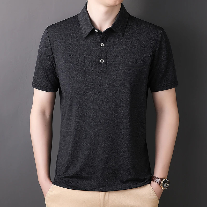 Simple Summer Solid Color Ice Silk Vertical Stripe POLO Shirt for Mens Loose Sports Polo Neck Short Sleeve Tshirt Top 241213