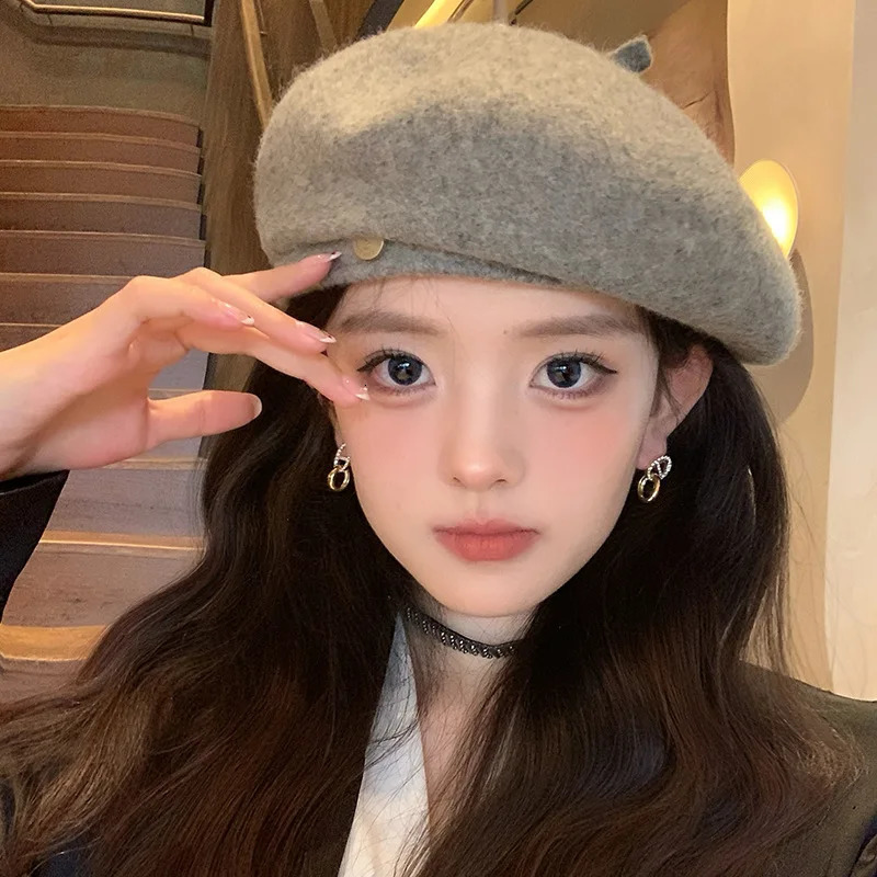 Grey wool beret womens autumn and winter trend artist hat with big head circumference small face warm versatile 241210