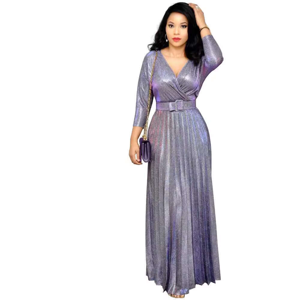 Winter European, American, African Women's Fashion Long Sleeved, Gilded, Pleated Skirt With Waist Belt And Shiny Pink Fabric