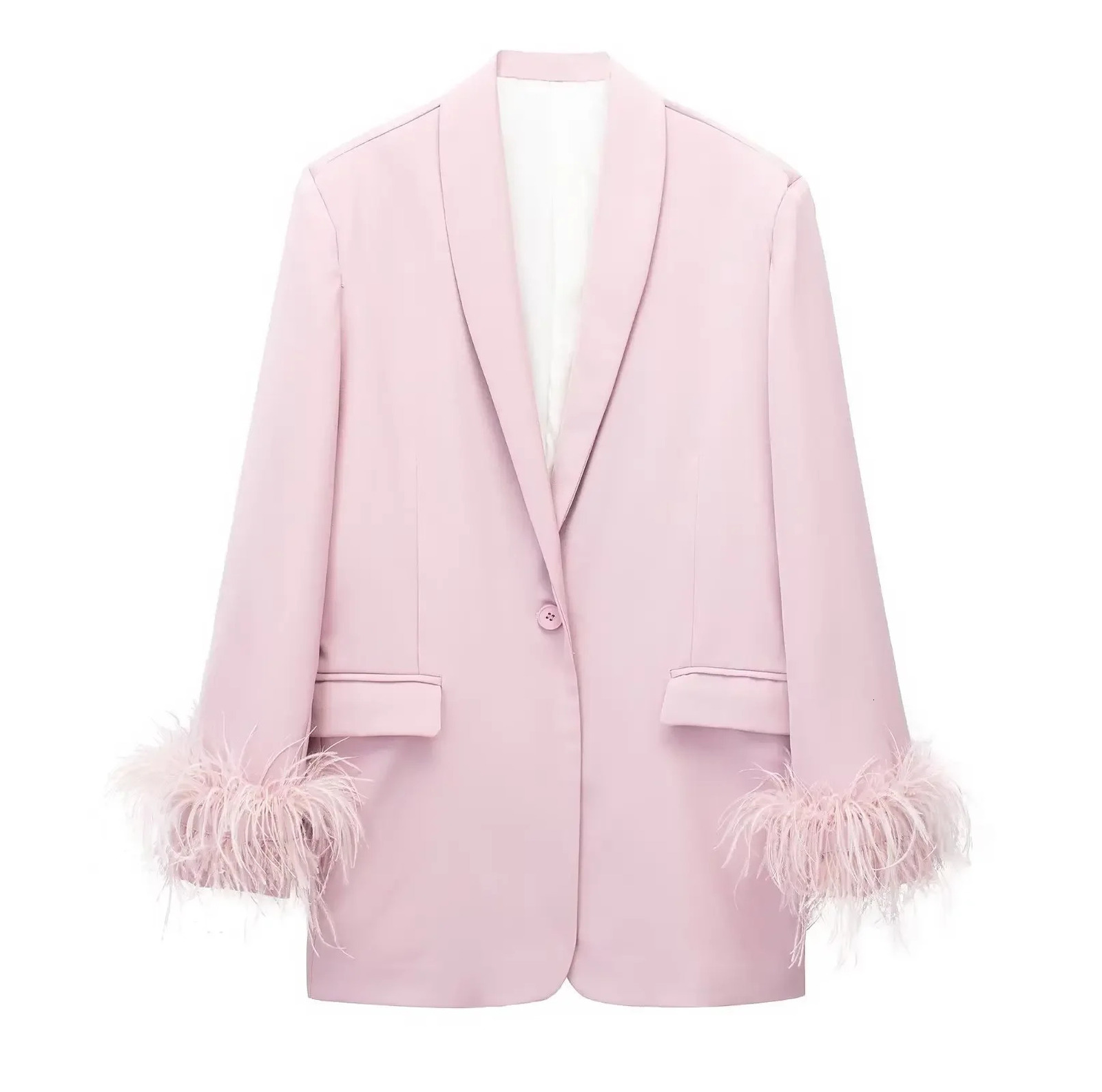 Feather Blazer Woman Black Button Jacket Women Long Sleeve Office Wear Blazers Streetwear Winter Female Coats 241209