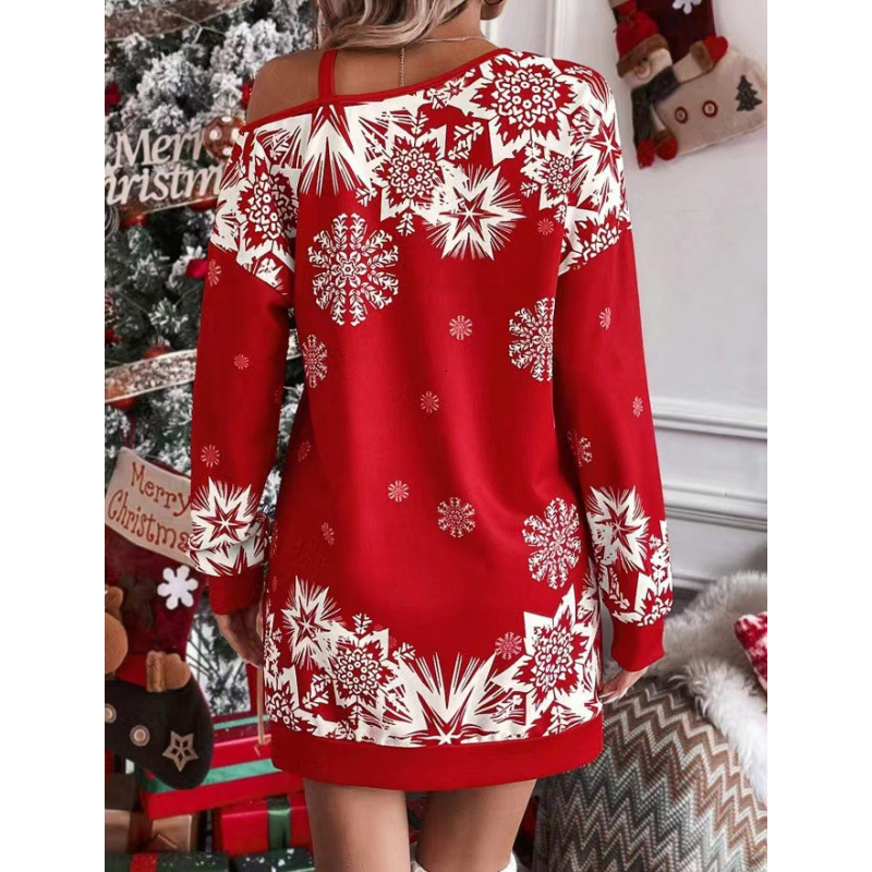 Christmas Snowflake Print Designer Long Sleeved Single Shoulder Women's High-quality Party Dress Top Knit Sweater