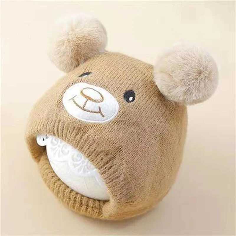 Cute bear bean hat suitable for boys and girls fluffy and warm knitted hat collar autumn winter toddler earmuffs W241213