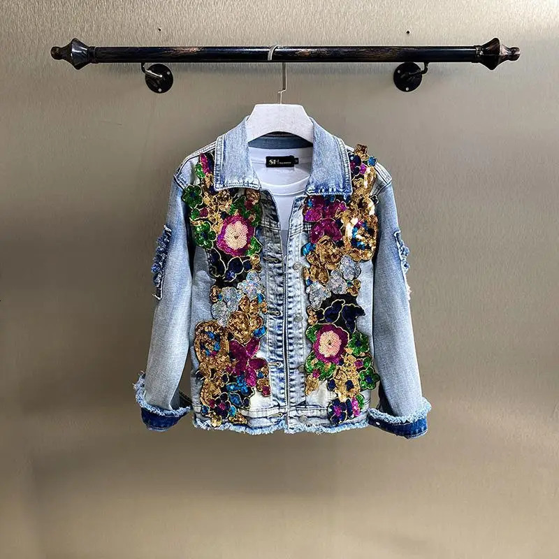 Vintage Diamond Inlaid Flower Embroidered Denim Coat Spring Sparkle Stickers Ultra Thin Jeans Jacket Cowboy Cardigan Jaqueta 241211