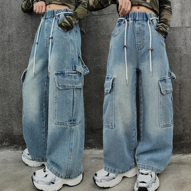 Cargo Jeans for Girls Spring Autumn Loose Casual Elastic Waist Teenage Children Wide Leg Pants Streetwear Kids Trousers 241213