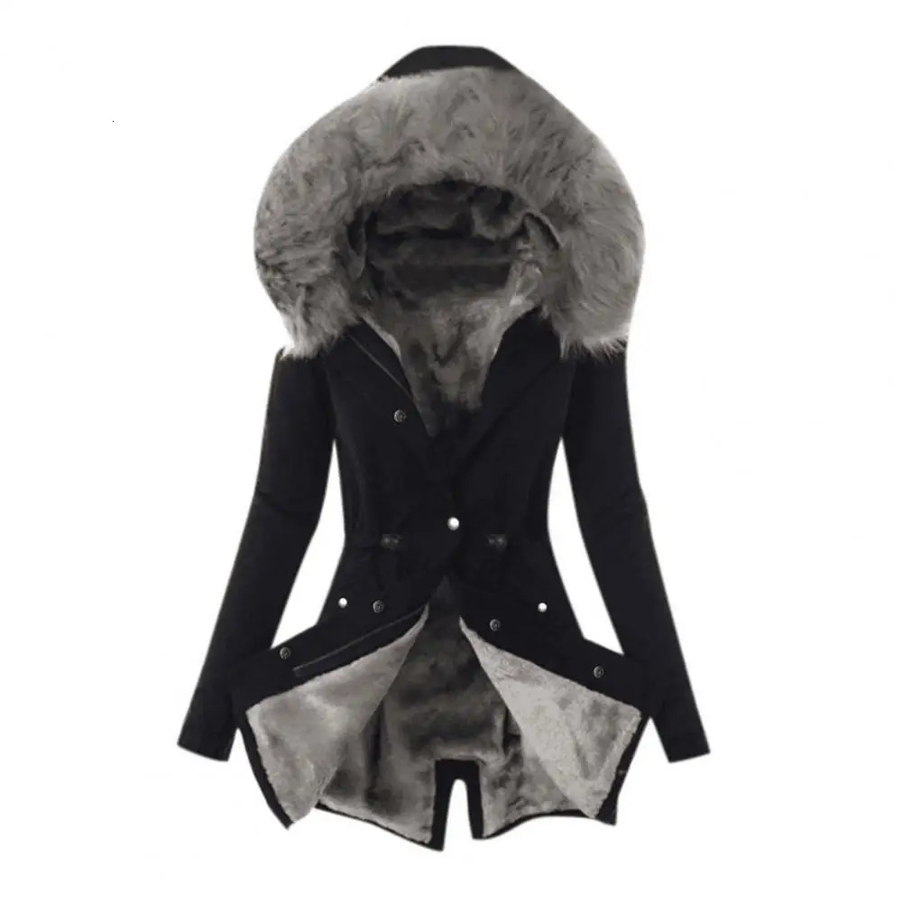 Winter womens cotton blend jacket windproof with fur cap pocket zipper down 241212
