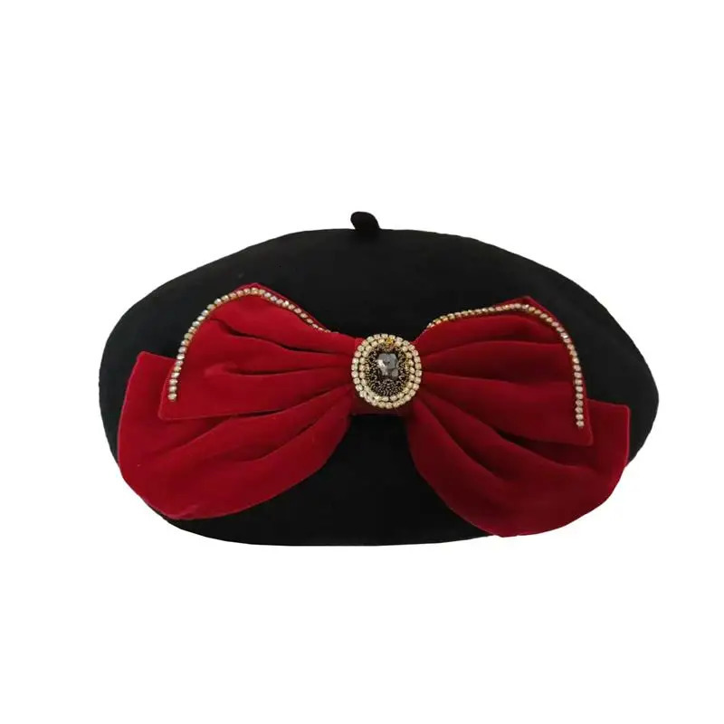 Womens autumn and winter black wool lacquered hat large velvet bow elegant pea fashion sweet artist beret 241210