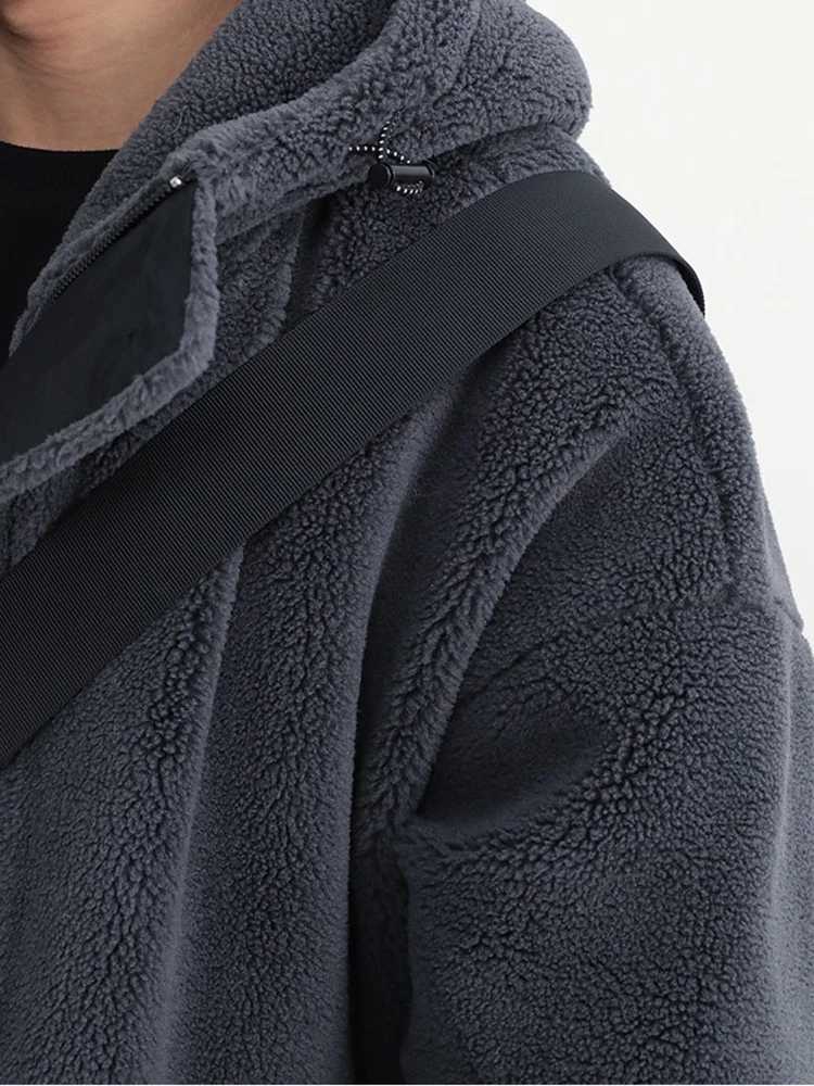Mauroicardi Winter Thick Warm Dark Grey Sherpa Jacket Mens Hooded Zipper Fluffy Casual Sheepskin Coat 2022 W241213
