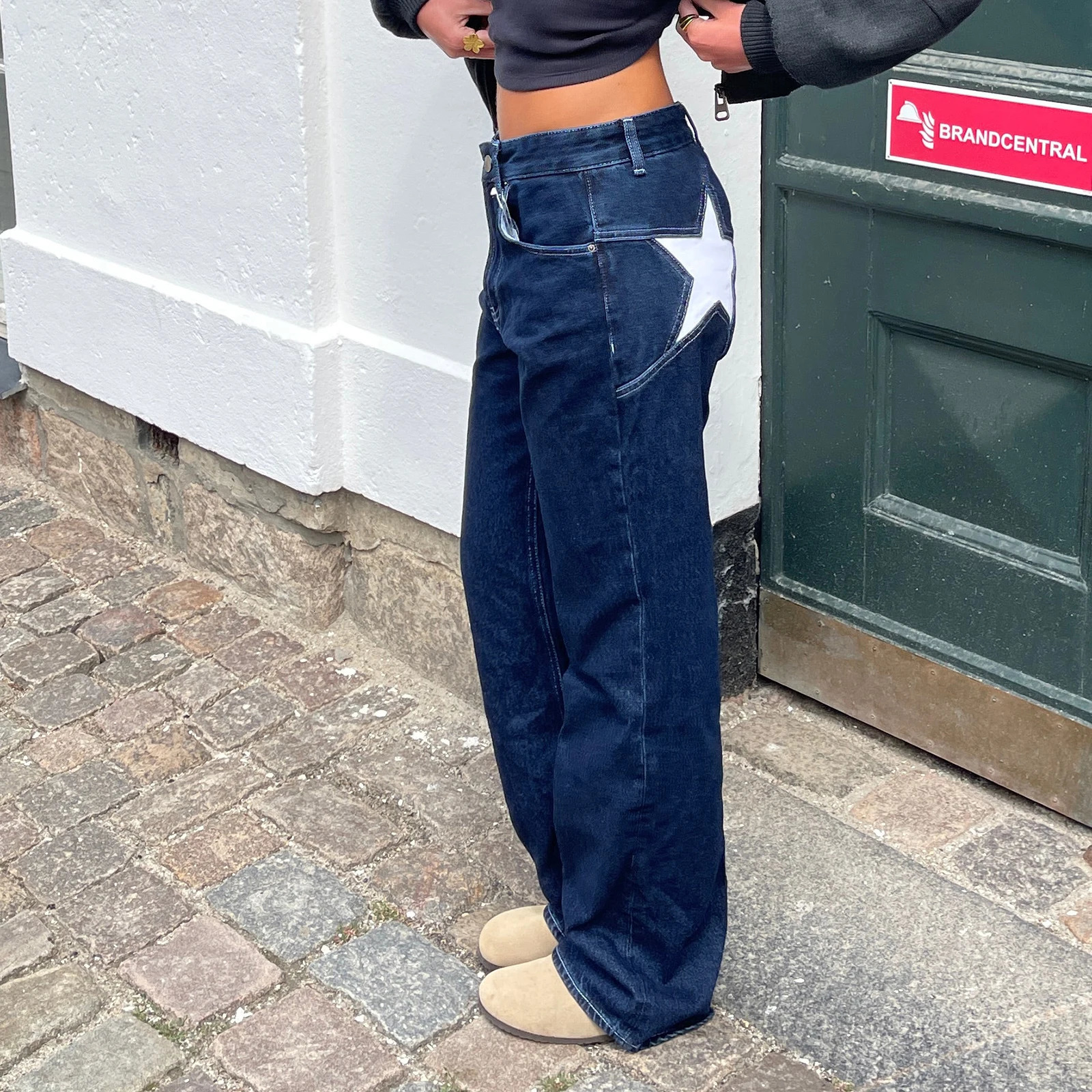Combhasaki Womens Y2K Vintage Jeans Aesthetic Star Pattern Print Loose Straight Leg Denim Long Pants Casual Low Waist Trousers 241214