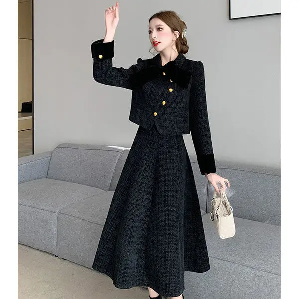 Spring Korean Style Bow Short Coat Women Clothing Aline Midi Skirt Set High End Commuting Black Two Piece Outfits 241211