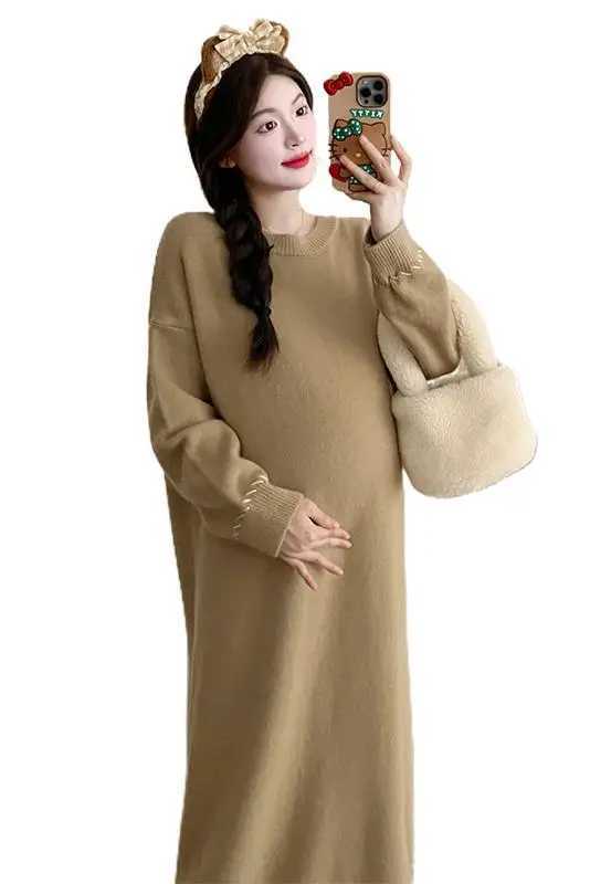 X68269# Pregnancy Dress Maxi Dress Plus Size Thicken Loose Women Korean Sle Sweater Soft Knitted Women Pregnant DressesXJ241213