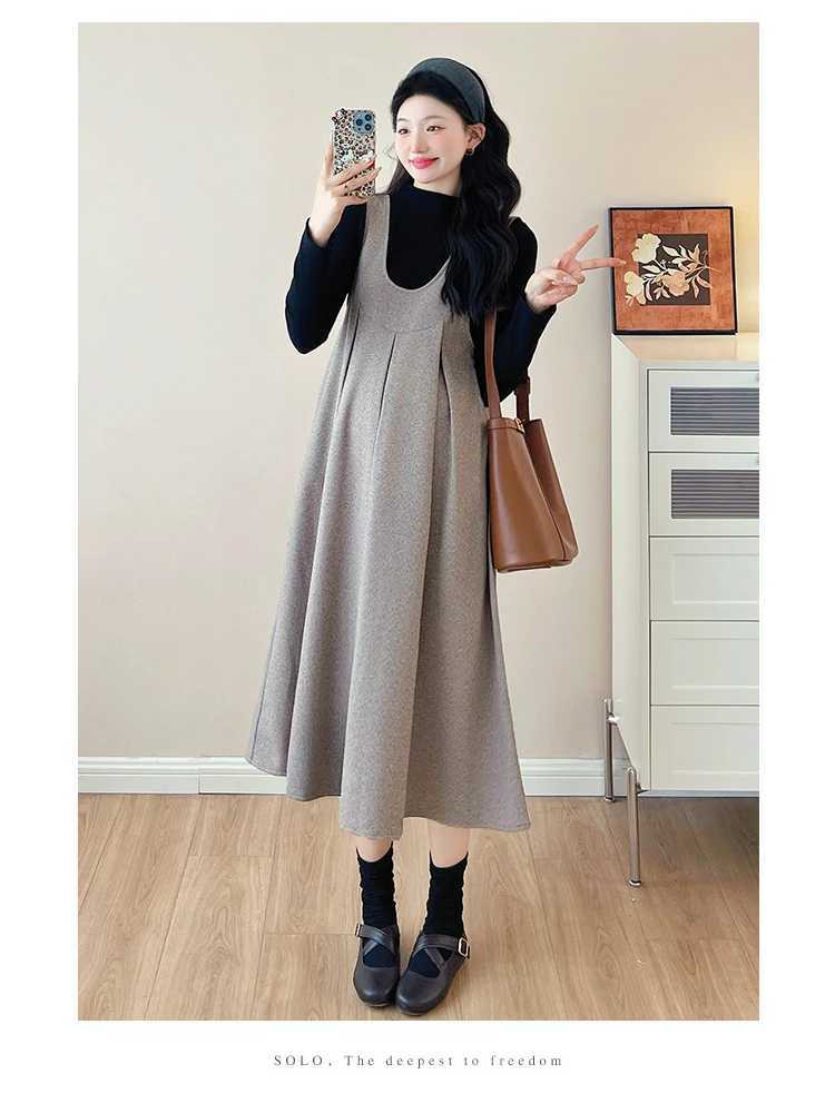 Korean Sle Autumn Materni Strap Dress Solid Color Long Loose Pregnant Woman Pleated Dress Sweet Pregnancy Woolen Dress CuteXJ241213