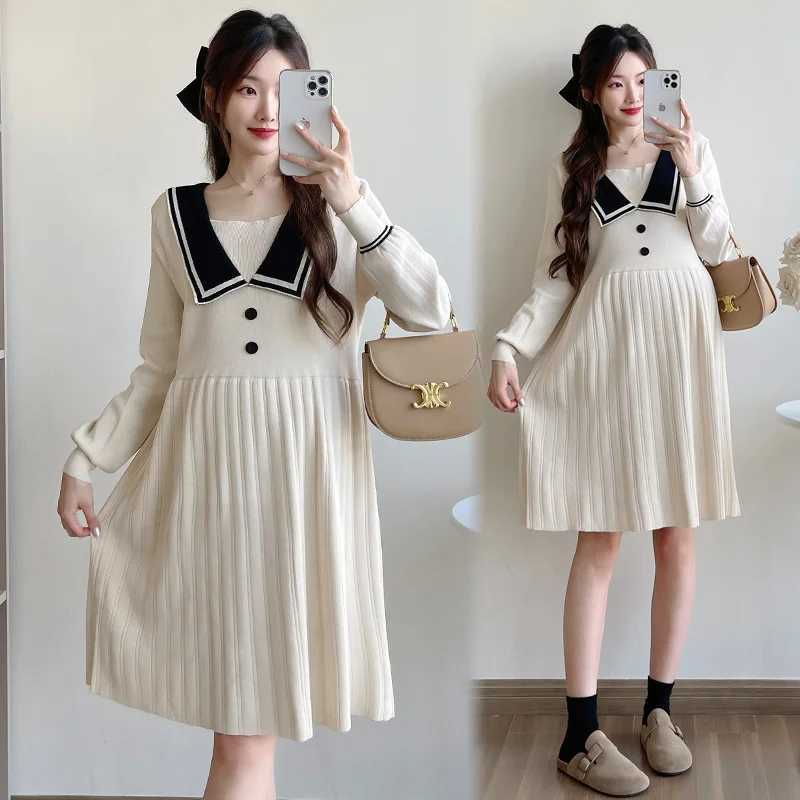 Fashion Materni Dress Autumn Winter Sailor Collar Clothes for Pregnant Women Elegance Pregnancy Loose Slimming Knitting DressXJ241213