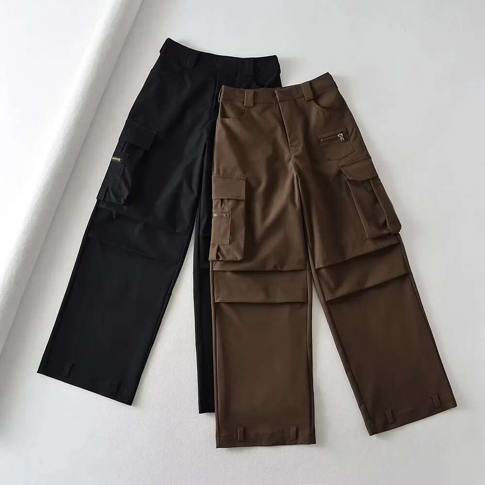 European and American INS retro three-dimensional multi pocket work women's high waist loose slimming straight leg pants trend 2024 new casual ve