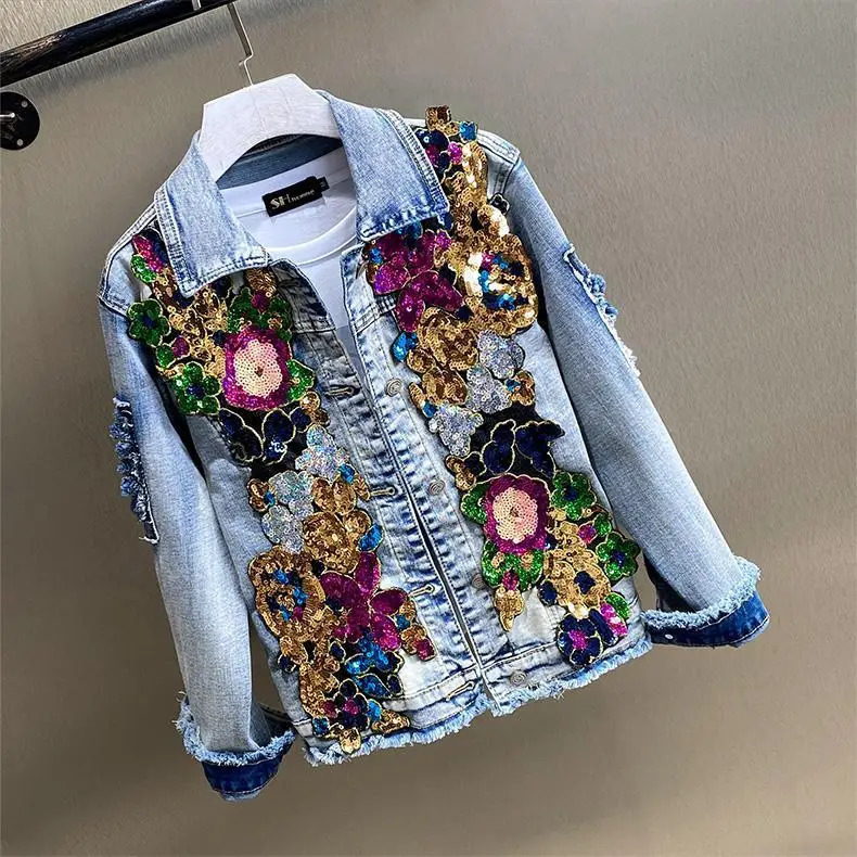 Vintage Diamond Inlaid Flower Embroidered Denim Coat Spring Sparkle Stickers Ultra Thin Jeans Jacket Cowboy Cardigan Jaqueta 241211