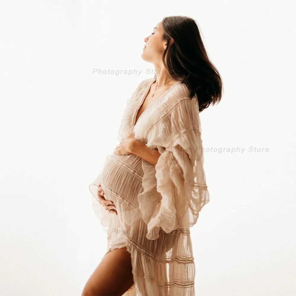 Boho Materni Dresses For Photo Shoot Sexy V-neck Pleated Chiffon Long Sleeve Ruffle Pregnancy Dress Womens Photography GownsXJ241213