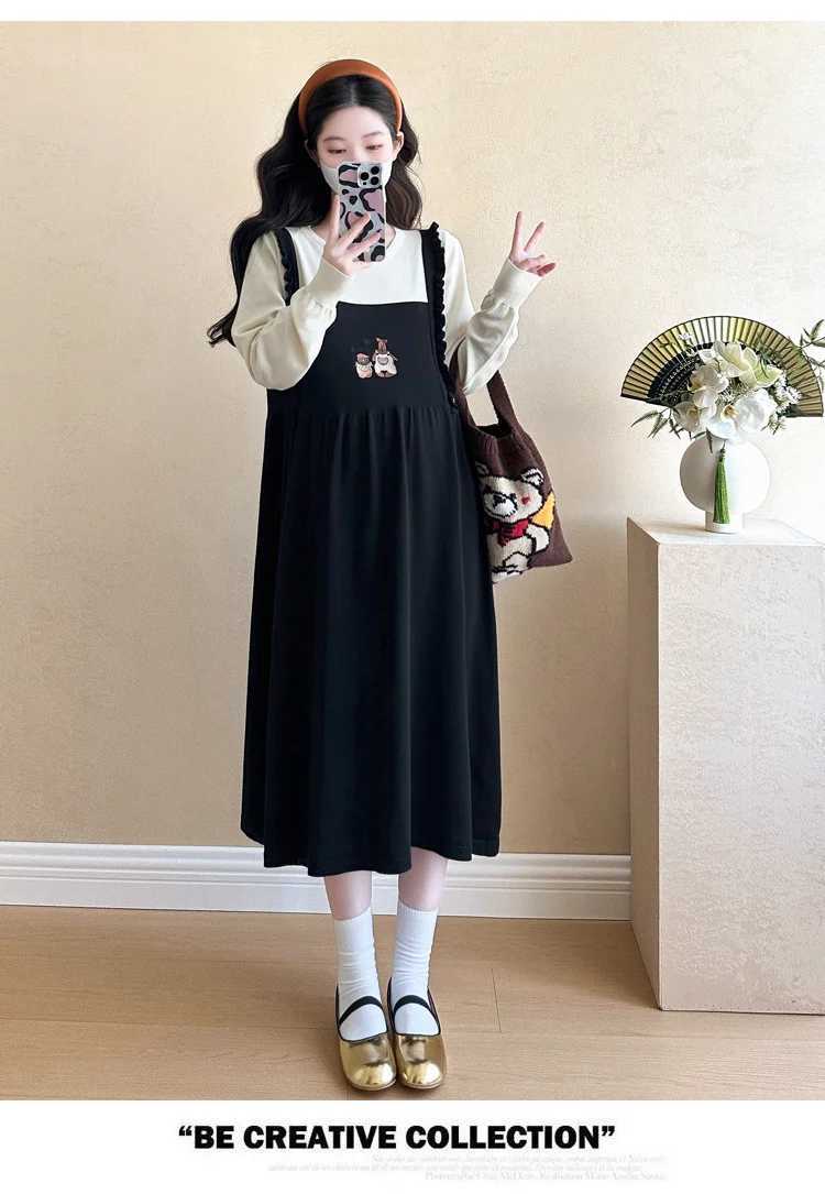 2024 Autumn Materni Knitte Dress Fashion Long Sleeve Pregnant Woman Embroidery Dress Sweet Lady Dresses Faux Two Pieces DressXJ241213