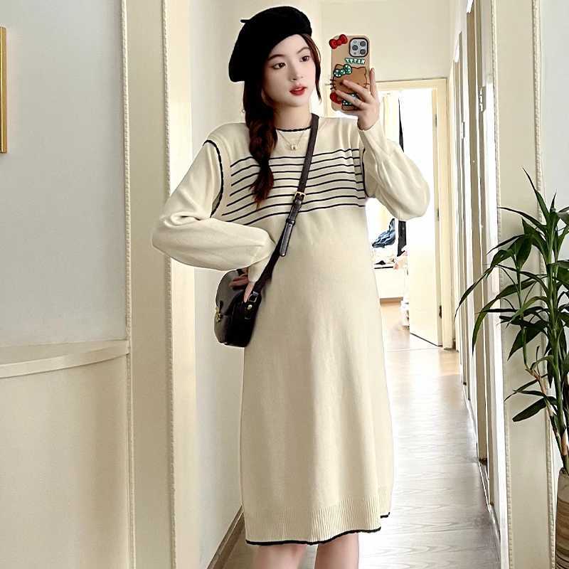 Autumn Loose Pregnant Women Knitted Striped Dress Fashion Materni Straight Dress Knee-length Long Sleeve Pregnancy Midi DressXJ241213