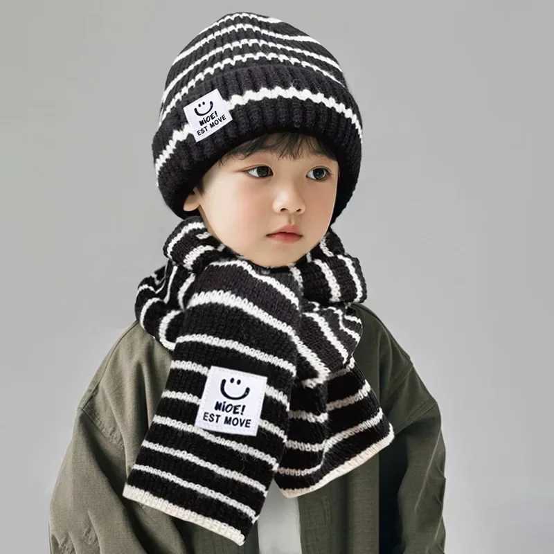 Korean Fashion Childrens Beanie Scarf Set Boys and Girls Black and White Striped Scarf Hook Knitted Hat Set Autumn Warm Knitted Hat W241213