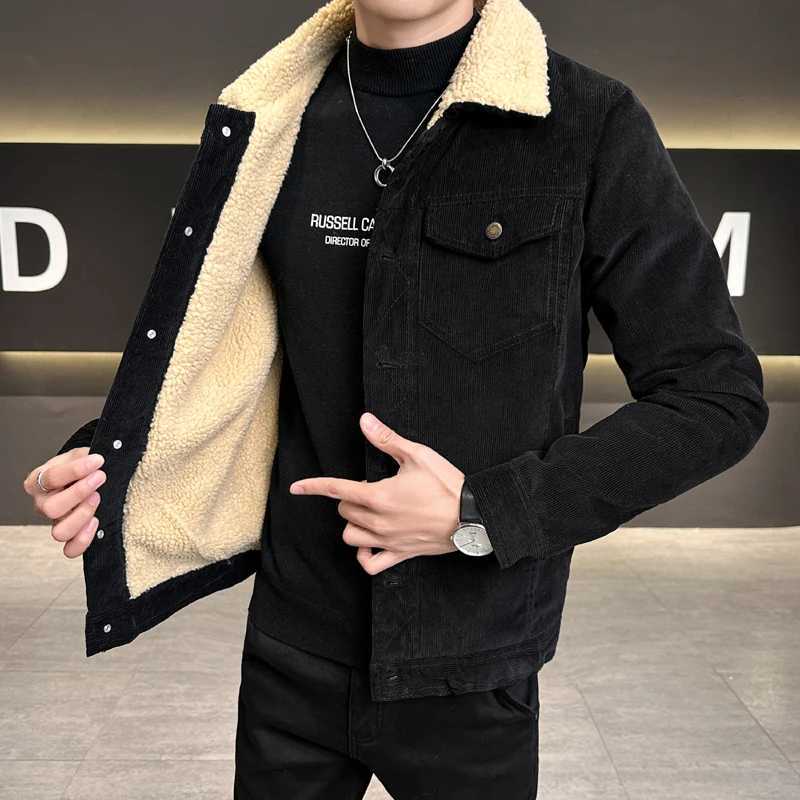 Casual 2024 Autumn Mens Thicken Corduroy Fleece Jackets Outwear Solid Color Warm Plush Coat Slim Fit Lamb Fur Top Padded Parkas W241213