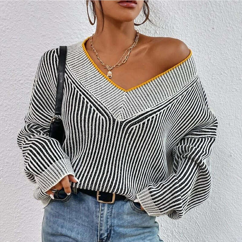 European American autumn and winter V-neck loose fitting slimming bat sleeve striped contrasting pullover sweater top