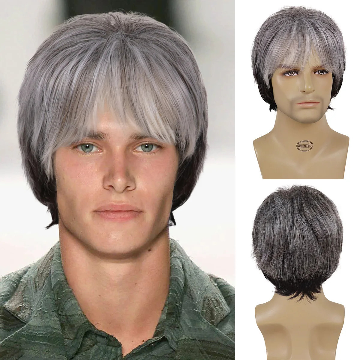 Synthetic Hair Grey Mixed Wig with Bangs Short Haircuts Old Male Guys Wigs for Men Natural Grandpa Style Costume Party Halloween 241213