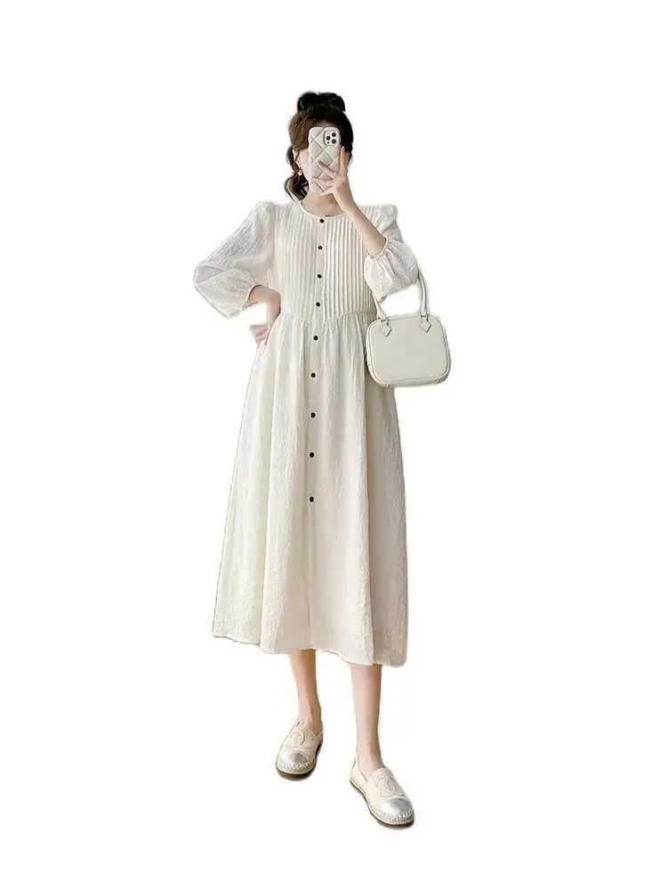 2025 spring materni fashion loose dress long sleeve o-neck plus size pregnant woman a-line dress button fly pregnancy clothesXJ241213