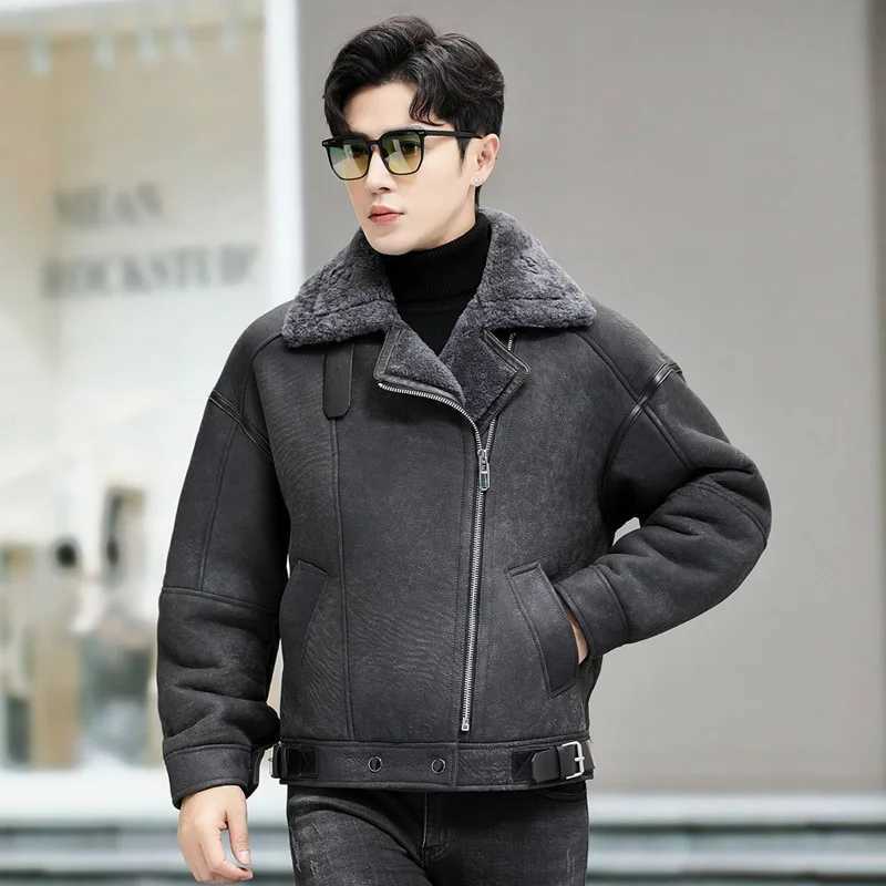 Tcyeek natural sheepskin coat mens motorcycle jacket winter wool real fur coat mens retro leather jacket loose W241213