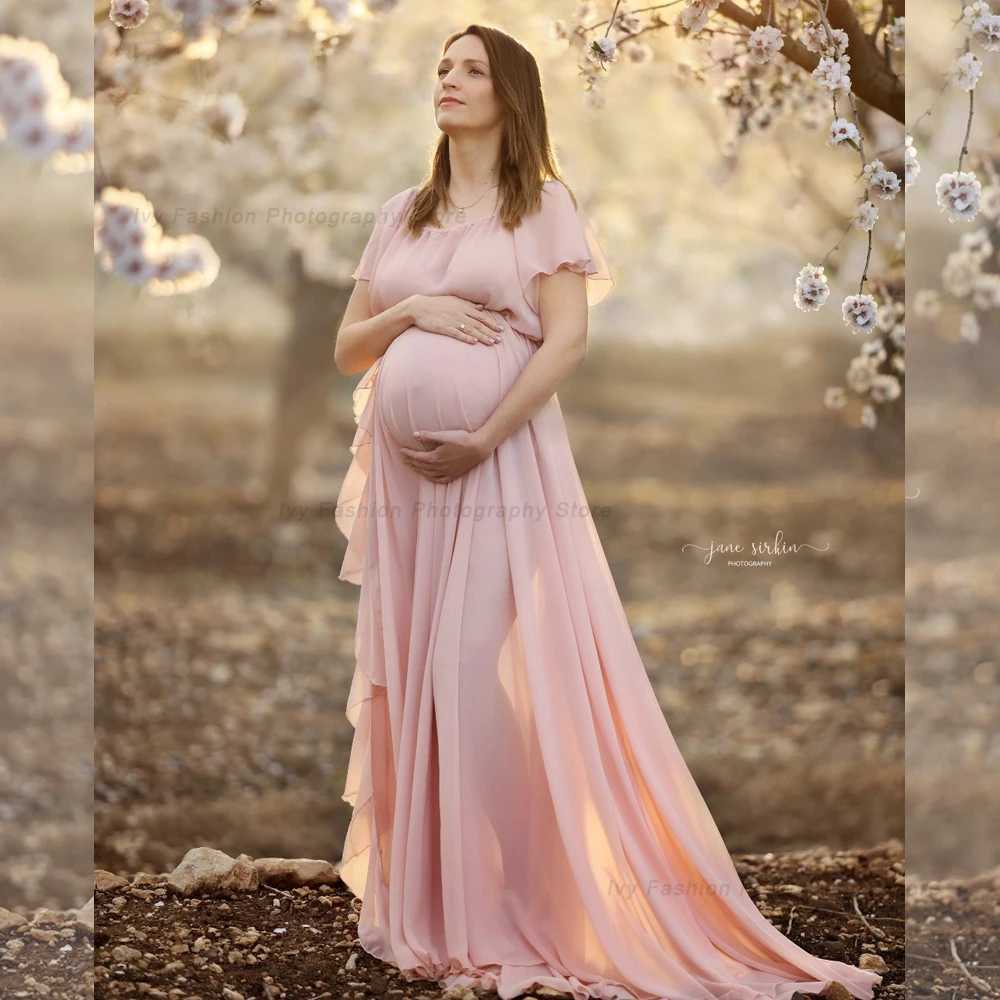 Materni Photography Dress Shoulder Ruffle Sleeve Chiffon Dress Baby Shower Dress Bohemian Photo Shooting Pregnancy DressXJ241213