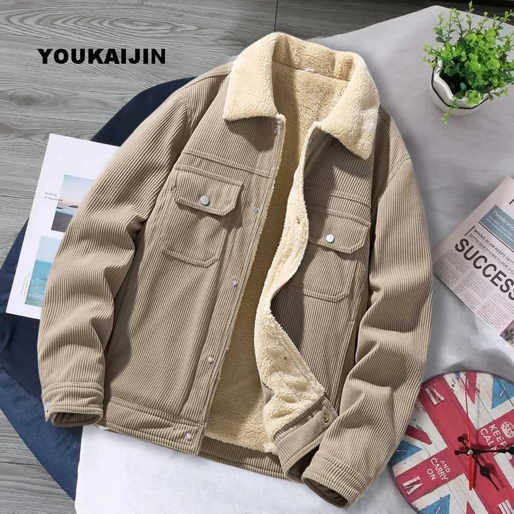 Winter wool jacket mens khaki warm thick Corduroy fur collar jacket mens jacket casual fashion outdoor windproof jacket mens W241213