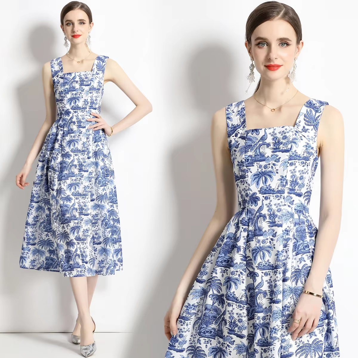 Casual Dresses Summer Bohemain Summer Fall Floral Vestidos Print Straps Sleeveless Ladies Casual Beach Holiday Sundress Midi Women Dress 2025