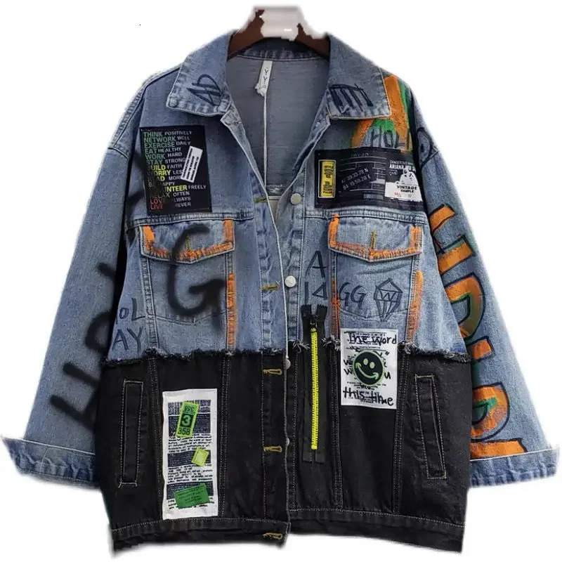 Autumn and Winter Creative Stickers Graffiti Patterns Cowboy Jacket Splicing Jeans cardigan Woolen Sweater Crop Top Chaquetas 241211