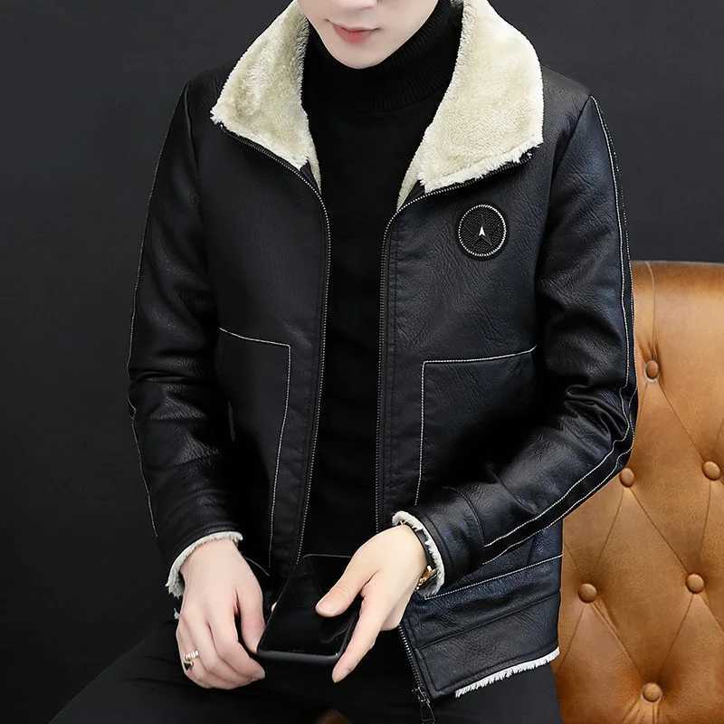Winter mens casual collar plush warm leather jacket ultra-thin lightweight motorcycle leather jacket large-sized fur integrated PU jacket W241213